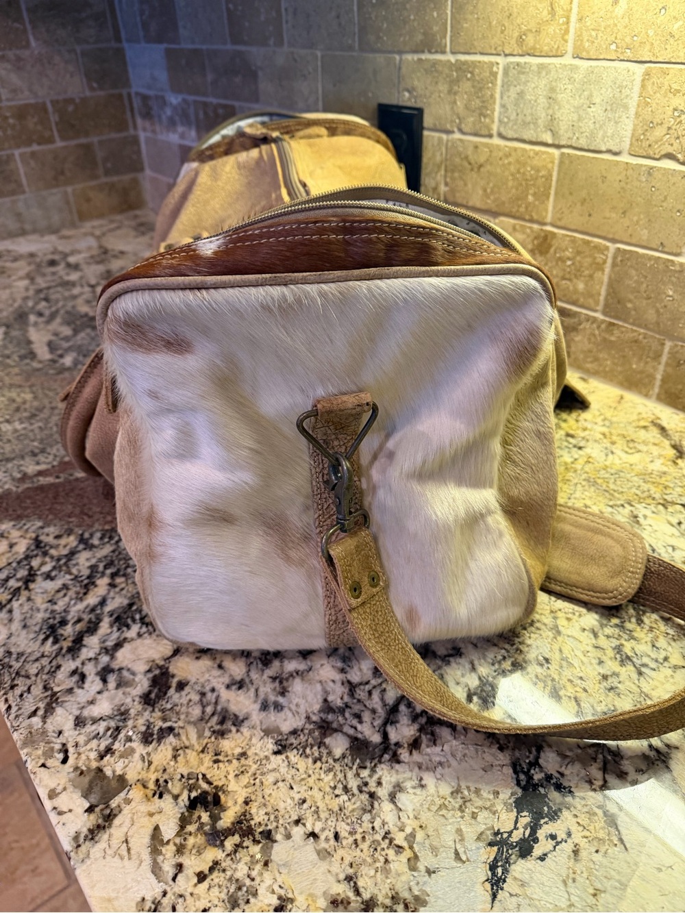 Myra Bag Tan Leather & Brown White Cowhide Weekender Bag - Picture 2 of 11